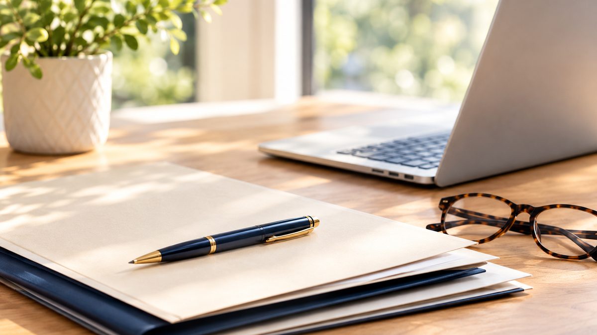 Bureau baigné de lumière avec un dossier, un stylo, des lunettes et un ordinateur portable