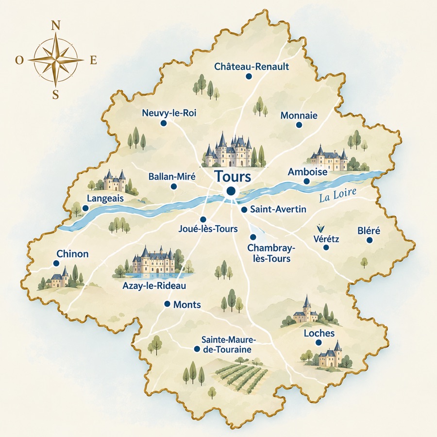 Carte illustrée du département d'Indre-et-Loire, avec Tours au centre et les principales villes où j'interviens